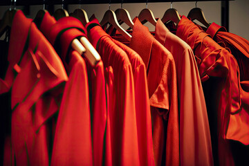 Wall Mural - assortment of clothes on racks in clothing store red dress on a hanger in the store, generative ai