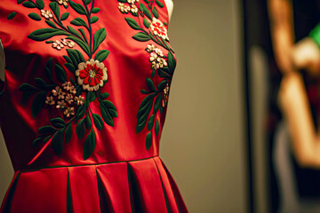 Wall Mural - beautiful festive red dress with floral appliques on a hanger in the store, generative ai