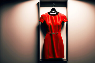 Sticker - slim modern red dress on a hanger in the store, generative ai