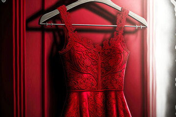 Canvas Print - red dress on a hanger in the store with glossy texture and lace pattern, generative ai