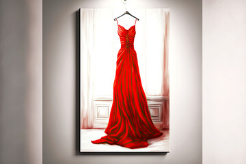 Sticker - long elegant red dress on a hanger in the store on light background, generative ai