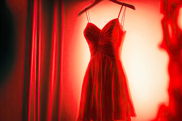 Poster - new trendy red dress on a hanger in the store on bright background, generative ai