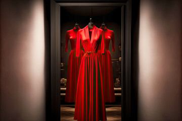 Sticker - casual trendy red evening dress in shop on rack, generative ai