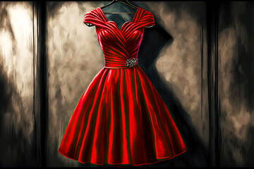 Sticker - stylish fashionable fashion red dress on a hanger in the store, generative ai