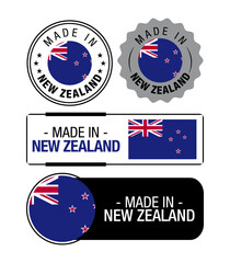 Set of Made in New Zealand labels, logo, New Zealand Flag, New Zealand Product Emblem