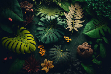 Luxury tropical leaves plant and foliage exotic background abstract of dark botany . Admirable Generative AI image .