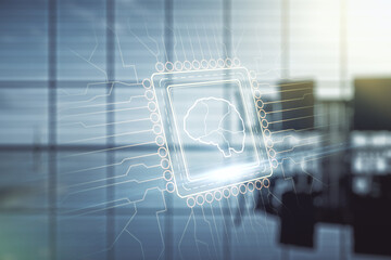 Double exposure of creative artificial Intelligence interface on a modern meeting room background. Neural networks and machine learning concept