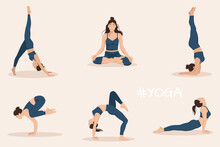 A Set Of  A Young Woman Performing Physical Exercises And Demonstrating  Yoga Asanas  On Light Background. Flat Vector Illustration.