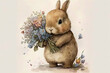 Bunny holding a bouquet of flowers watercolor, Generative AI