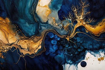 Blue and gold luxury liquid paint art background. AI