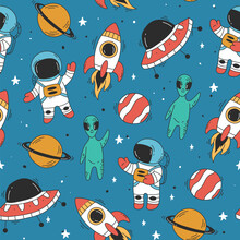 Space Rocket Planet Seamless Doodle Pattern Concept. Vector Graphic Design Illustration 