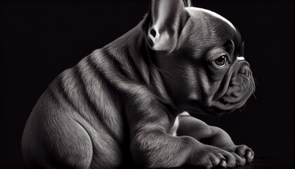 Wall Mural - Schwarz weiß Portrait von einer französische Bulldogge als Welpe. Perfektes Wandbild - Generative Ai