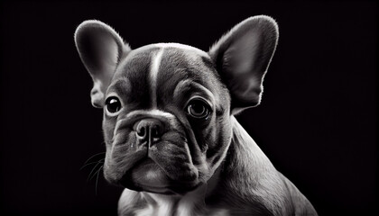 Wall Mural - Schwarz weiß Portrait von einer französische Bulldogge als Welpe. Perfektes Wandbild - Generative Ai