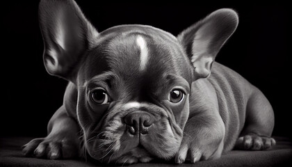 Wall Mural - Schwarz weiß Portrait von einer französische Bulldogge als Welpe. Perfektes Wandbild - Generative Ai