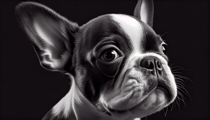 Wall Mural - Schwarz weiß Portrait von einer französische Bulldogge als Welpe. Perfektes Wandbild - Generative Ai