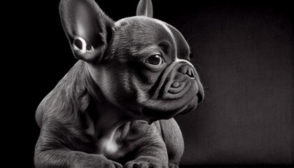 Wall Mural - Schwarz weiß Portrait von einer französische Bulldogge als Welpe. Perfektes Wandbild - Generative Ai