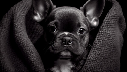 Wall Mural - Schwarz weiß Portrait von einer französische Bulldogge als Welpe. Perfektes Wandbild - Generative Ai