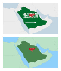 Wall Mural - Saudi Arabia map with pin of country capital. Two types of Saudi Arabia map with neighboring countries.