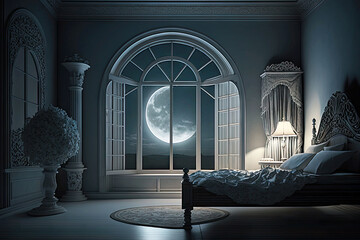 Wall Mural - beautiful soft romantic moonlit bedroom at night, generative ai