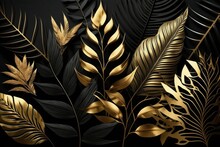 Tropical Palm Leaves Pattern Background. Gold And Black Monstera Tree Foliage Decoration Design. Plant With Exotic Leaf Closeup.