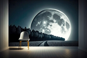 Poster - empty modern bedroom with chair at night against background of moonlight and trees, generative ai