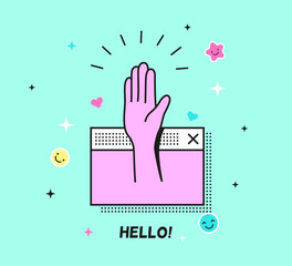 Wall Mural - hello retro poster. vintage computer web window with hand in greeting gesture. digital 80s 90s style