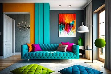 Canvas Print - bright coloured room in modern design with comfortable sofa, generative ai