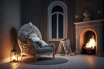 Canvas Print - beautiful chair with pillow and fireplace in bedroom at night, generative ai