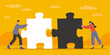 © VectorBum - People push puzzle. Man and woman pushing figures towards each other. Connection and communication challenge. Persons joining jigsaw pieces. Partnership and understanding. Vector concept