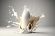 White milk splash come out form the bottle loop around the milk bottle up and down, light background, surreal