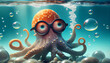 Cute snorkeling octopus in the sea with cute glasses, generative ai