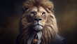 Portrait of a lion with a crown dressed in a formal business suit, generative ai