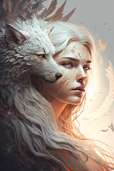 Naklejka na meble White wolf and goddess, Generative AI