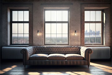 Poster - big comfortable sofa in empty loft cafe against background of large windows with view outside generative ai