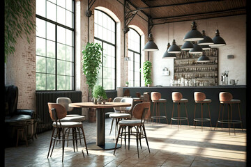 Canvas Print - large empty loft cafe with tables and chairs in modern style, generative ai