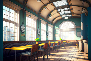 Sticker - bright empty loft cafe on railway with seats and tables generative ai