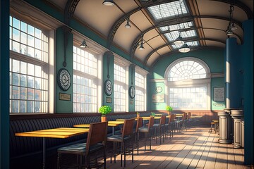 Sticker - bright empty loft cafe on railway with seats and tables, generative ai