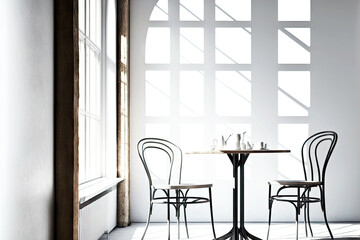 Poster - interior of empty loft cafe with metal chairs and tables on white background, generative ai