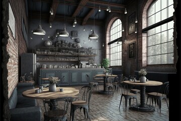 Sticker - empty loft cafe interior in style of industrial gray decoration generative ai