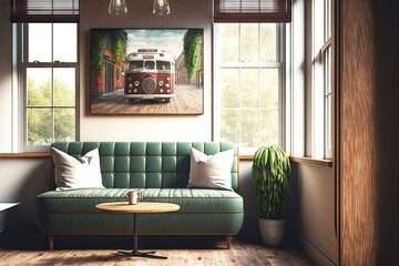 Canvas Print - empty loft cafe interior with bright cozy sofa against window generative ai