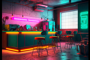 Canvas Print - neon bar design interior with workbench and equipment in empty loft cafe, generative ai