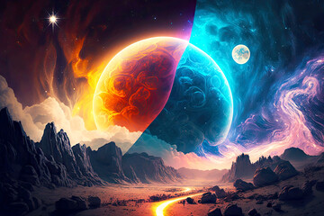 Wall Mural - cosmic landscape with sun and moon energy of the universe, generative ai