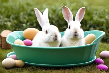 easter card. adorable bunny in a bathtub with easter eggs. small rabbit. generative ai.