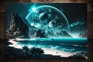 Wall Mural - landscape with mountains and blue sea against background of energy of the universe, generative ai