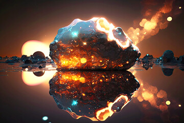 Wall Mural - beautiful shining meteorite that was reflected in water energy of the universe, generative ai