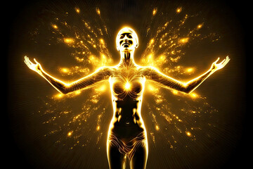 Wall Mural - golden girl with raised hands and glowing body as symbol of cosmic energy of the universe, generativ