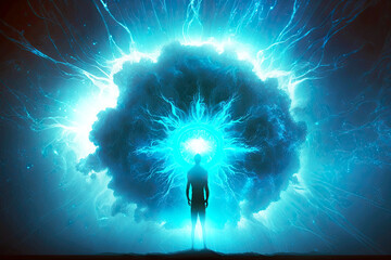 Wall Mural - blue silhouette of person against background of luminous cosmic energy burst, generative ai