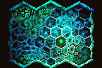 Wall Mural - hexagon mosaic of blue green cells symbolizing energy of the universe, generative ai