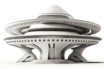 Poster - futuristic university building in form of large flying saucer isolated on white background, generative ai