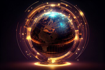 Wall Mural - smart world technology metaverse cyber orbits digital world technology iot world concept. 3d neon li